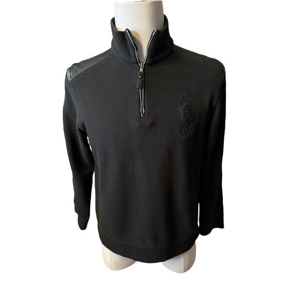 Ralph Lauren Quarter Zip Leather Shoulders Black Size Large Exaggerated Pony - Picture 1 of 8